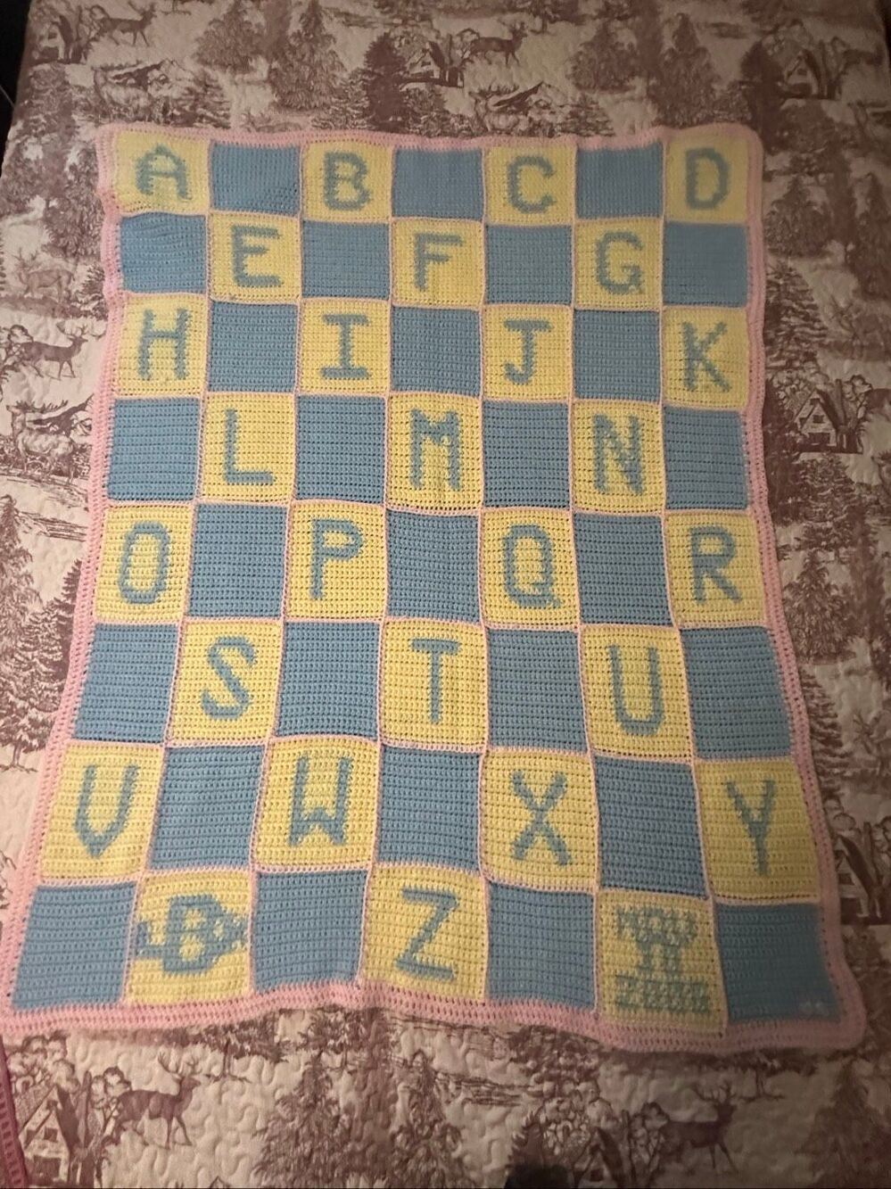 Handmade Toddler Baby Throw Crochet Alphabet ABC Blanket 42" x 49"